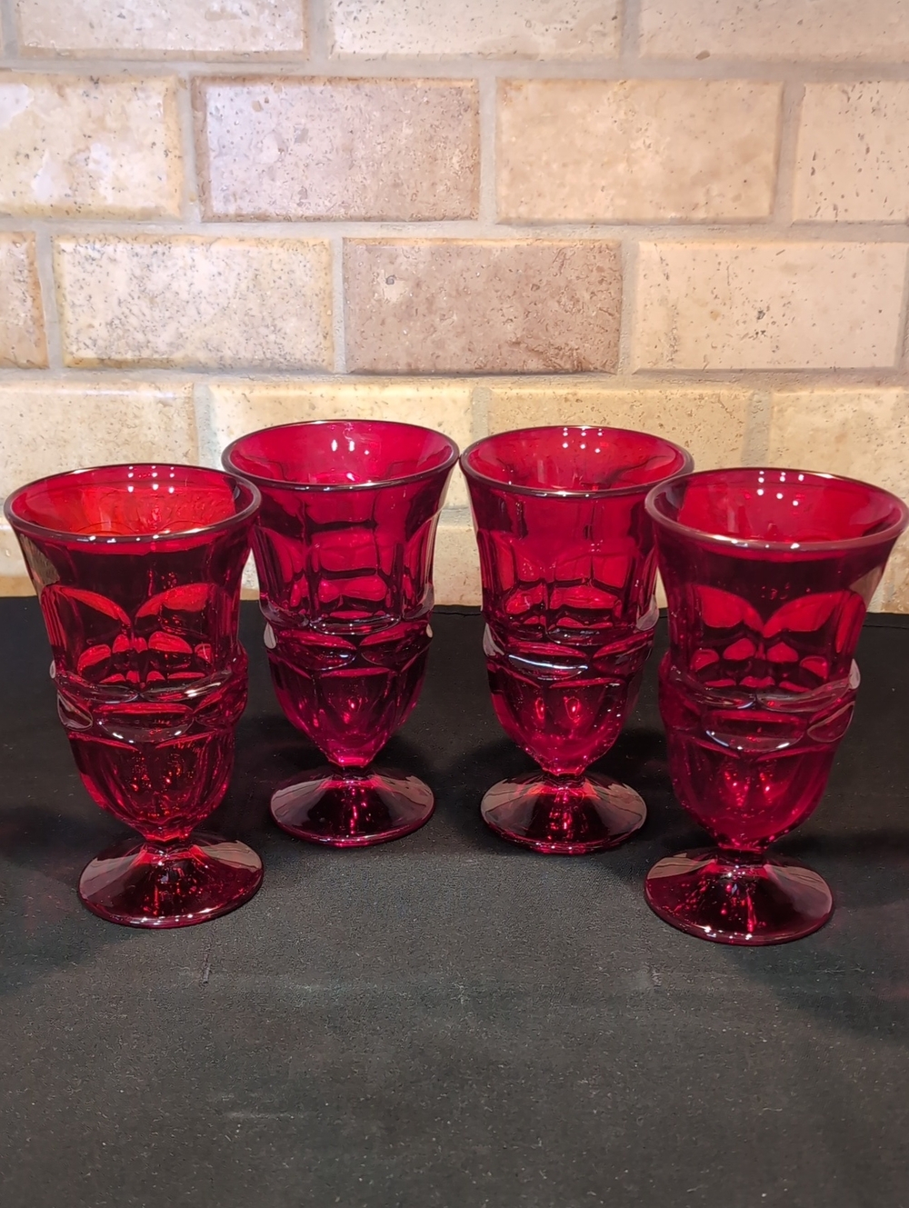 Four (4) MCM Fostoria Argus Ruby Red Paneled Thumb Print Iced Tea Water Glasses